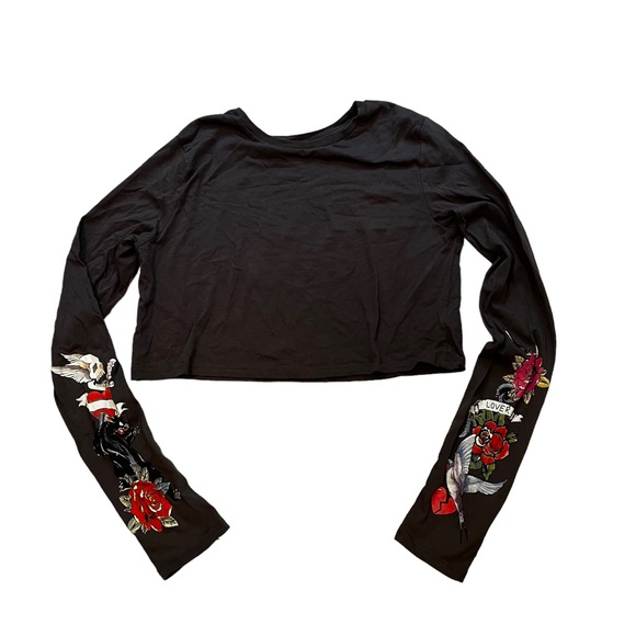 ASOS Cropped Fitted Grey Cotton L/S Tee with Screen Print on Sleeves - Picture 1 of 9